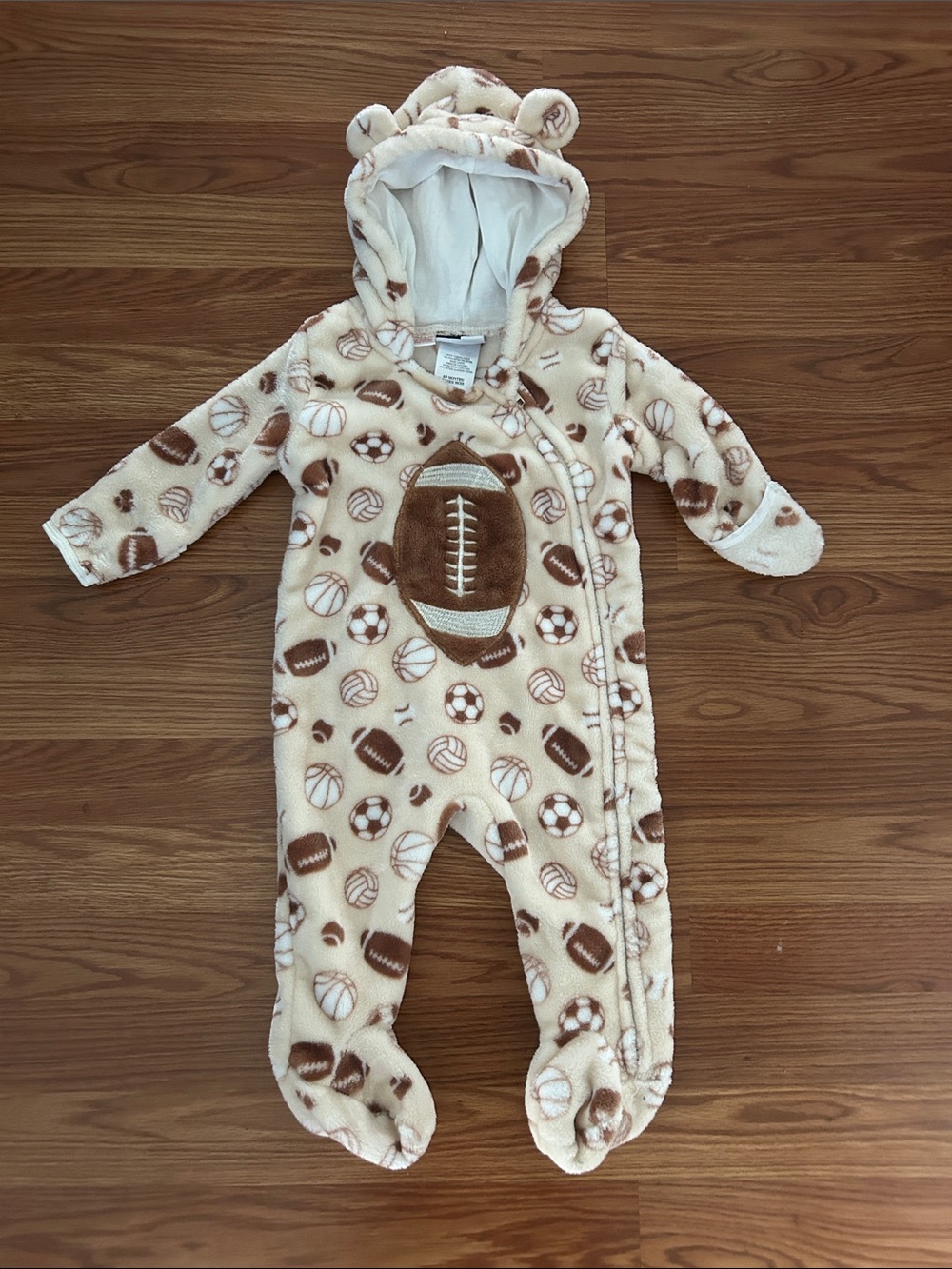Cozy Beige Football Print Hooded Baby One-Piece